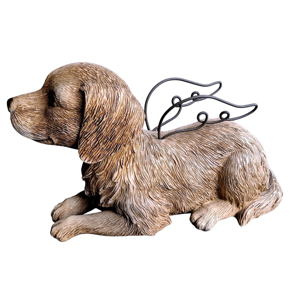 Angel Dog Garden Statuary Memorial Puppy Sculpture with Wire Wings Brown Resin